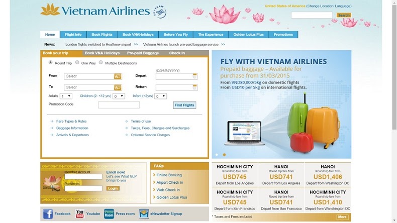Truy cập vào webiste của Vietnam Airlines